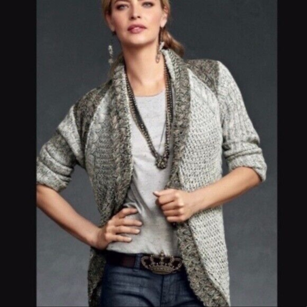 CAbi Gray Shadow Circle 100% Cotton Crochet Knit Bohemian Open Front Cardigan XS
